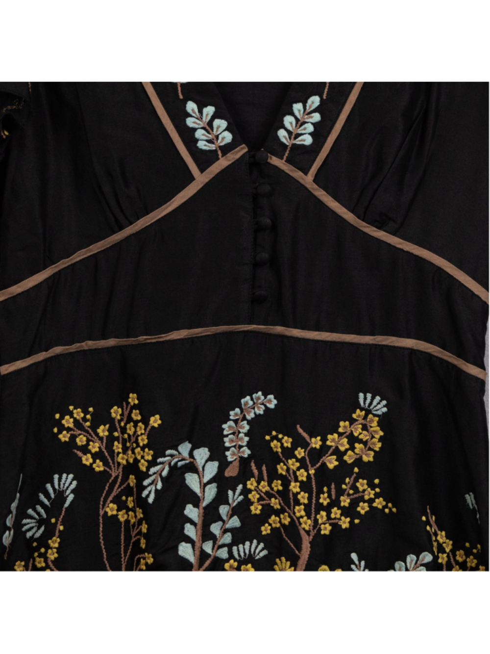 Sundance black floral embroidered silk cotton blend v-neck top-6 - Picture 2 of 5